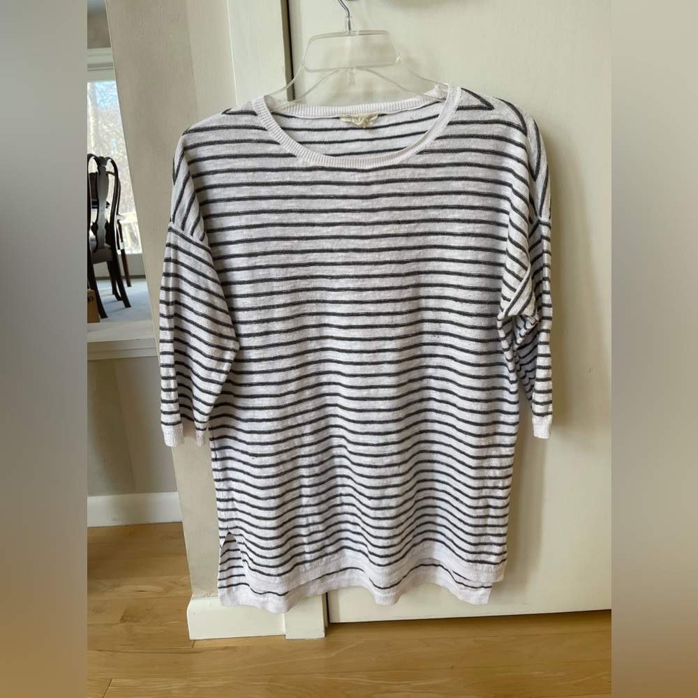Eileen Fisher Linen Cotton Sweater navy white Organic Slub Knit Crew Neck
